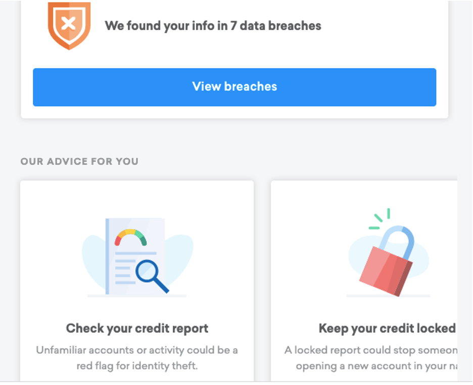 Screenshot of Credit Karma's list of data breaches