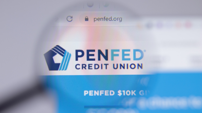 Magnifying glass over PenFed's logo
