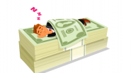 A man sleeping on a pile of money