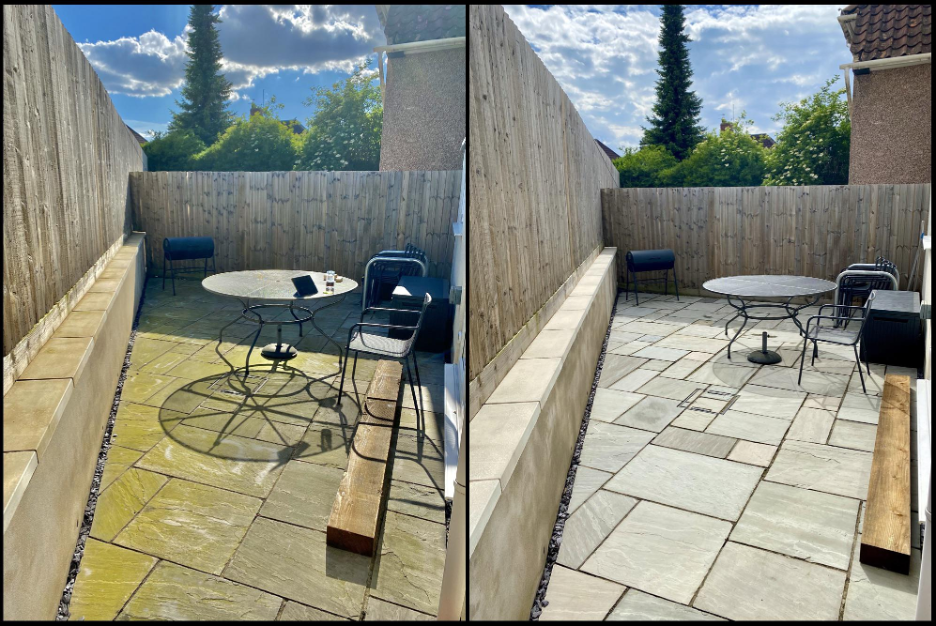 Before and after images of pressure washing a patio