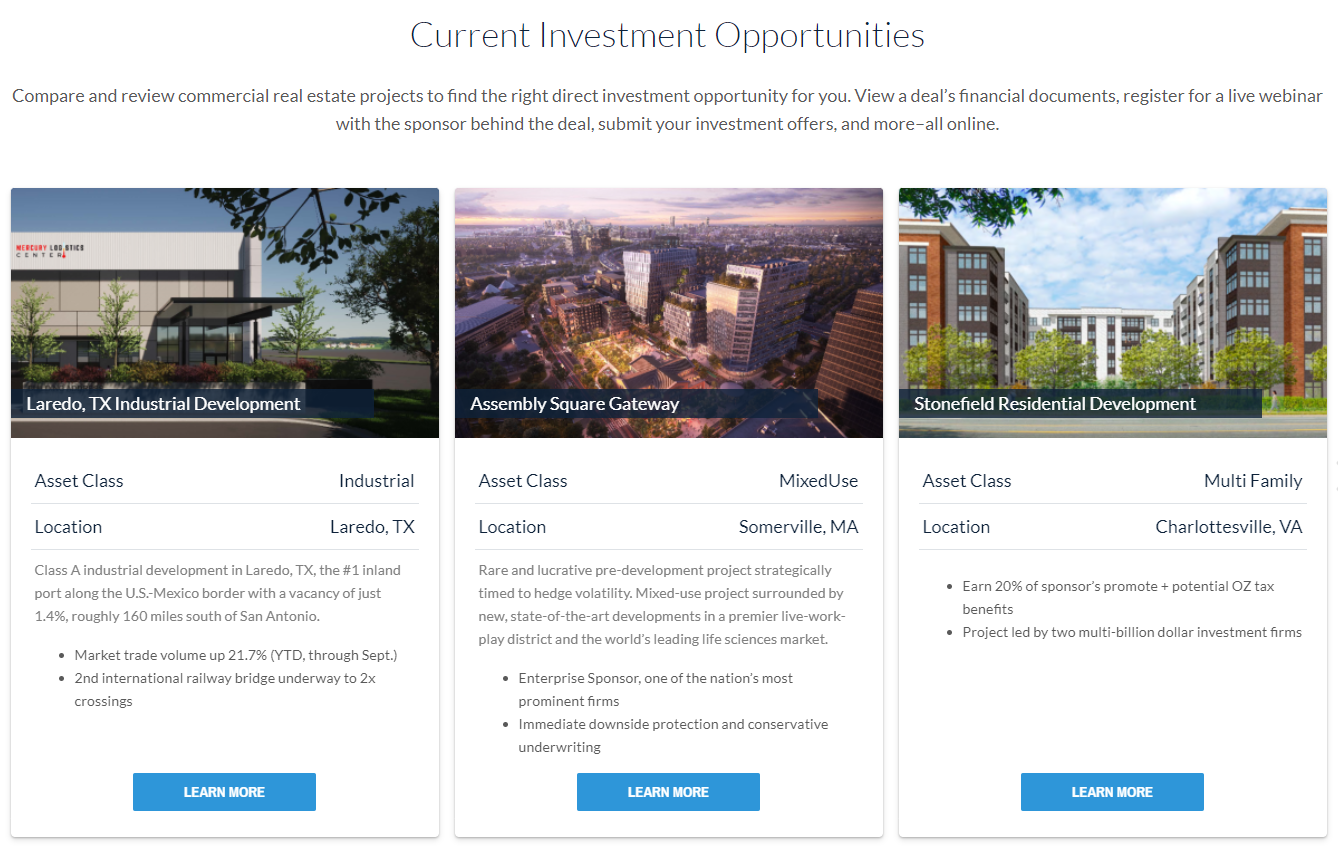 Deals available through CrowdStreet showing asset class, location, and highlights