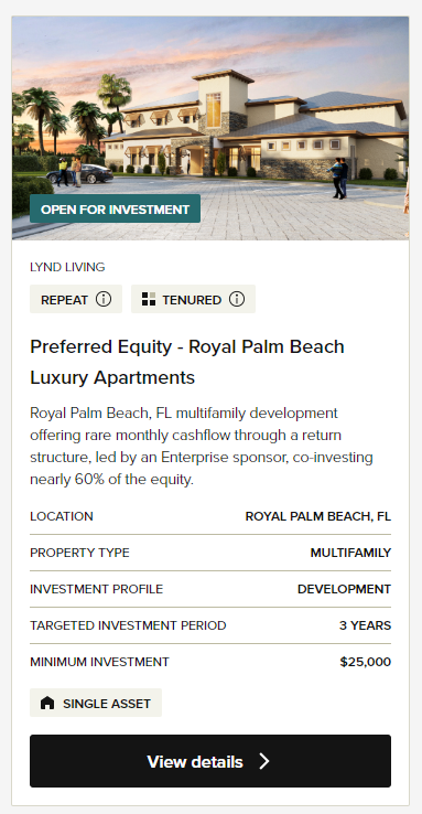 Example deal from CrowdStreet showing a property in Royal Palm Beach, Florida, available for investing