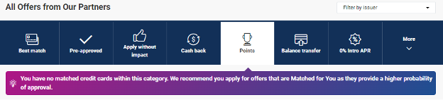 Screenshot of Experian CreditMatch not providing matches in the 'Points' section