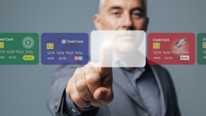 Man choosing credit cards Man pointing to a virtual display of credit cards