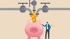 Passive and active income Drawing of a man touching a piggy bank that collects coins falling from a faucet