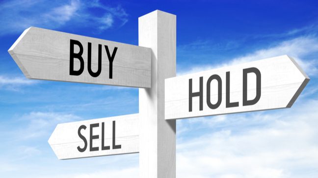 A sign post with 3 arrows pointing different ways, one saying buy, another saying hold, and the third saying sell.