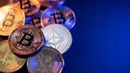 A bunch of loose Bitcoin coins on a blue background
