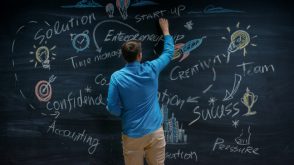 A man standing in front of a chalkboard with a mindmap of entrepreneur terms