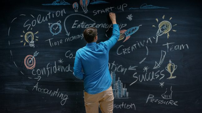 A man standing in front of a chalkboard with a mindmap of entrepreneur terms