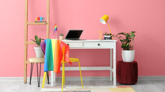 A desk, chair, shelf, and plants against a pink wall, with a rainbow flag draped over the chair.