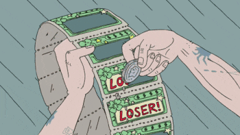 A cartoon gif of hands scratching a roll of lottery tickets, with each ticket saying 