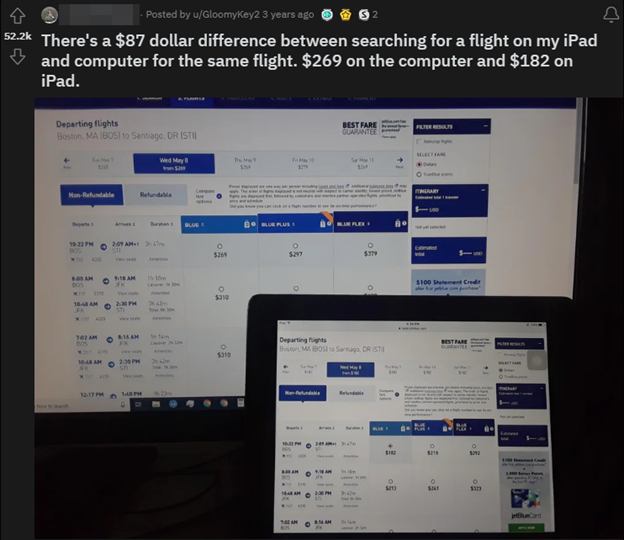 Foto perbedaan harga di browser desktop versus browser iPad