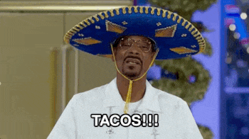 A gif of Snoop Dogg wearing a sombrero and saying "Tacos!!!"