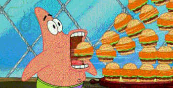 A cartoon gif of Patrick from Spongebob Squarepants sucking in lots of hamburgers