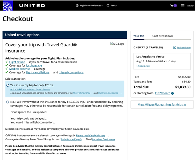 Cuplikan layar halaman pemesanan United Airlines, dengan opsi untuk