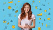 Young woman looking at the camera and holding a phone in her hand, with cartoon graphics of money, clocks, and graphs around her.
