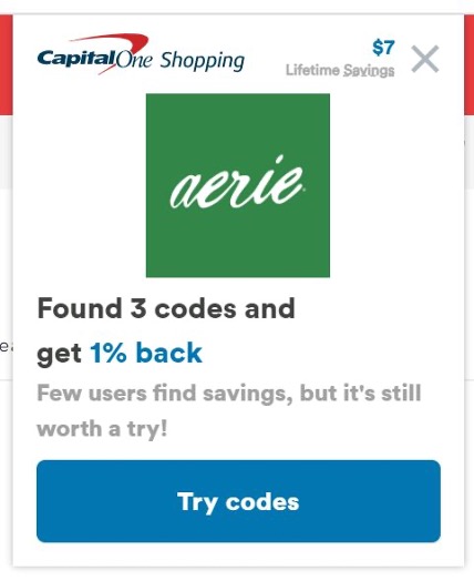 Screenshot of Capital One Shopping sample coupon codes for Aerie