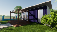 The front of a purple shipping container home