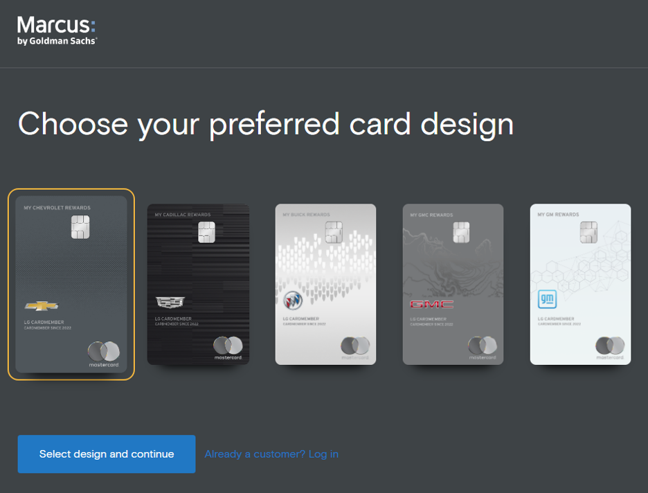 Screen shot of design options for the My GM Rewards Card