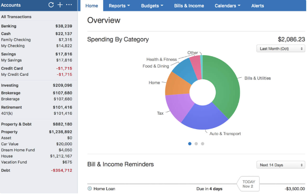 Screen shot of Quicken's spending overview in the Home screen