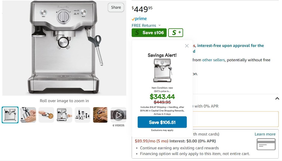 Screenshot of Capital One Shopping savings on Breville Espresso Machine