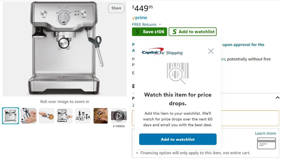 Screenshot of Capital One Shopping's Amazon watchlist feature
