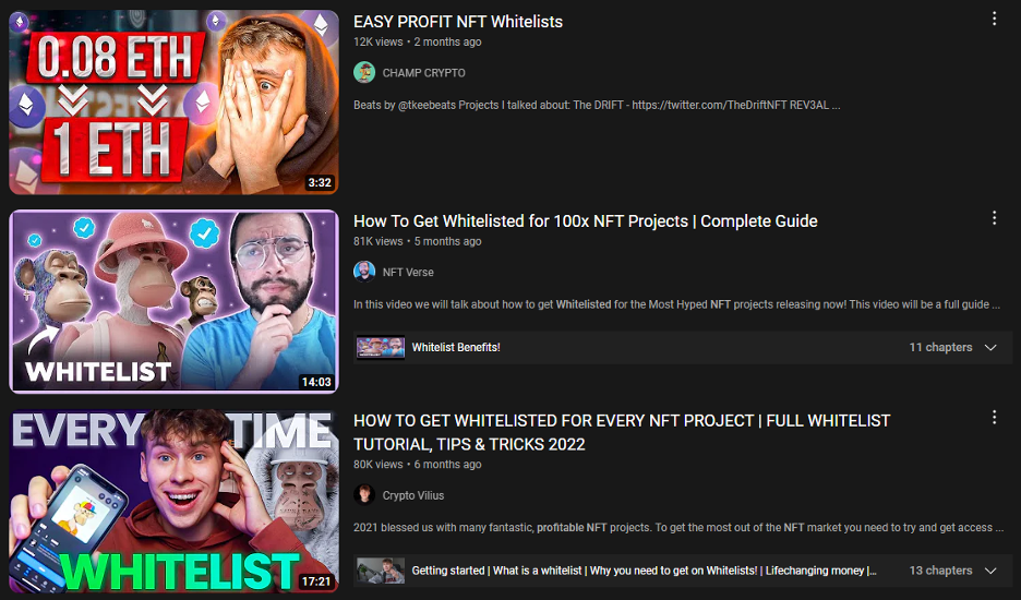 Screen capture of YouTube search results showing videos about getting whitelisted