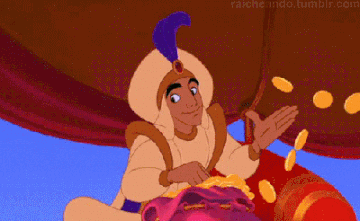 A cartoon gif of Aladdin throwing gold coins.