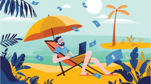 Drawing of a man resting on a beach while dollar bills fly around him