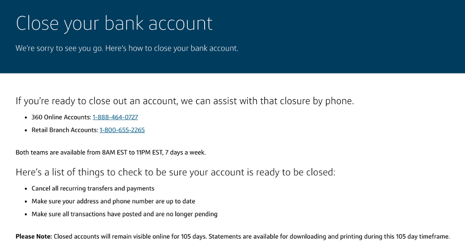 Screenshot of closing Cap One 360 account