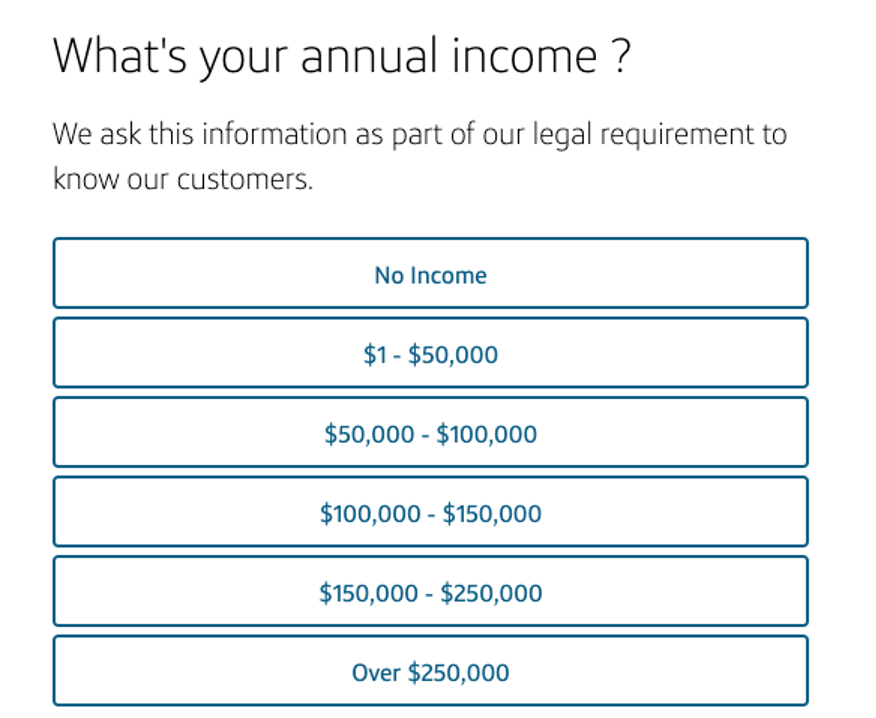 Screenshot of income reporting stage for Cap One 360 account opening