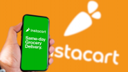 Instacart app on a smartphone against orange Instacart backdrop