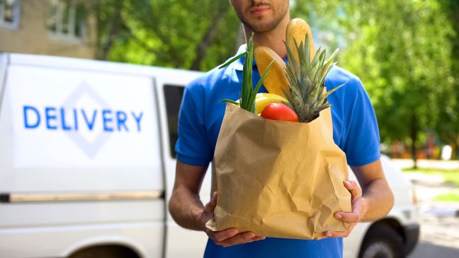 Delivery man in blue uniform in front of delivery van holding bag of groceries including pineapple, bread, banana and tomatoes in brown bag for delivery