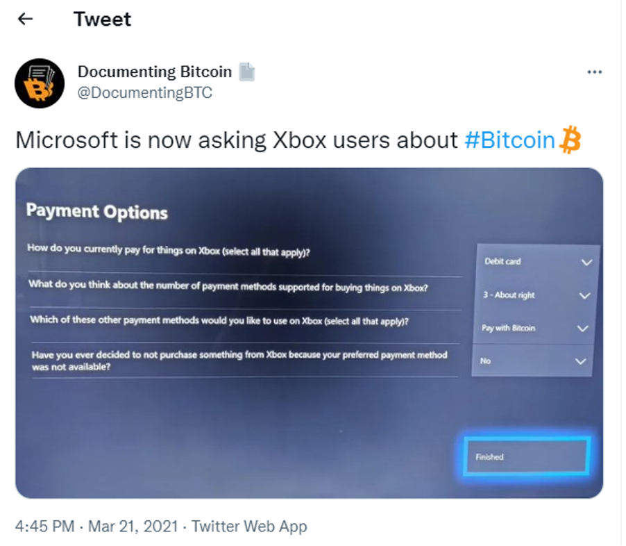 Screenshot of Microsoft surveying Xbox users about crypto payments 