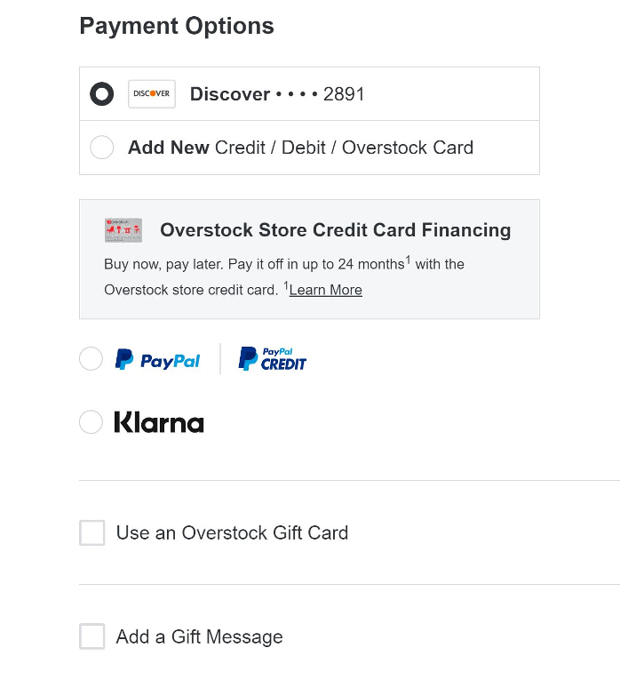 Screenshot of Overstock's checkout options