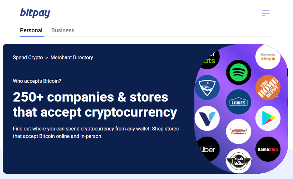 Screenshot of BitPay homepage