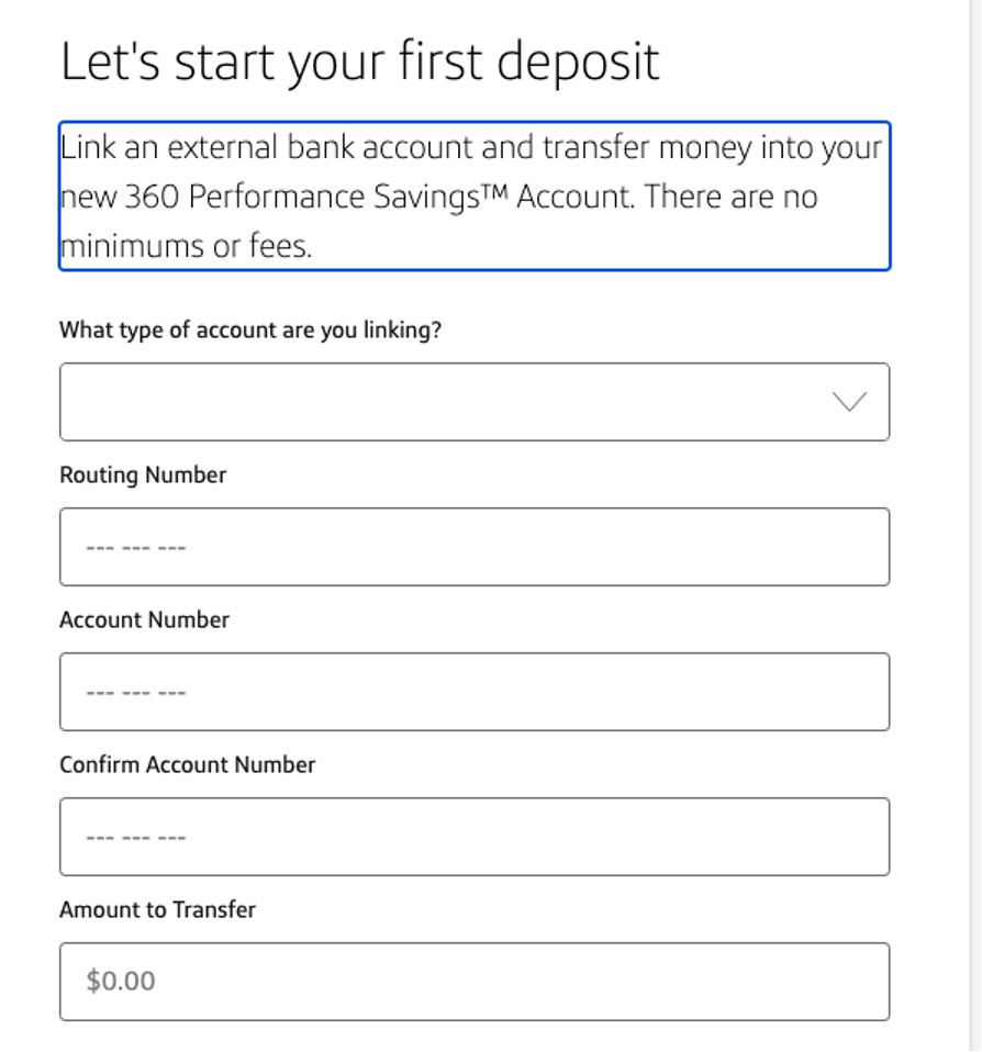 Screenshot of initial deposit for Cap One 360 account
