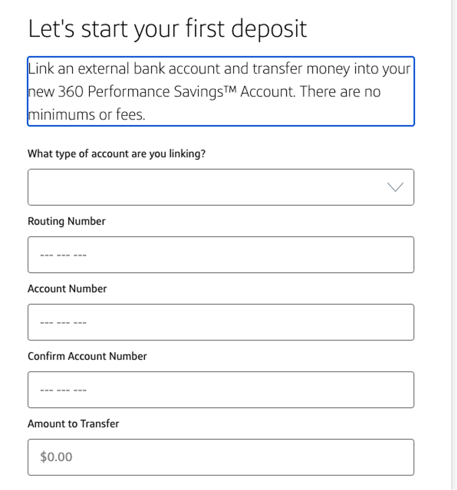 Screenshot of initial deposit for Cap One 360 account
