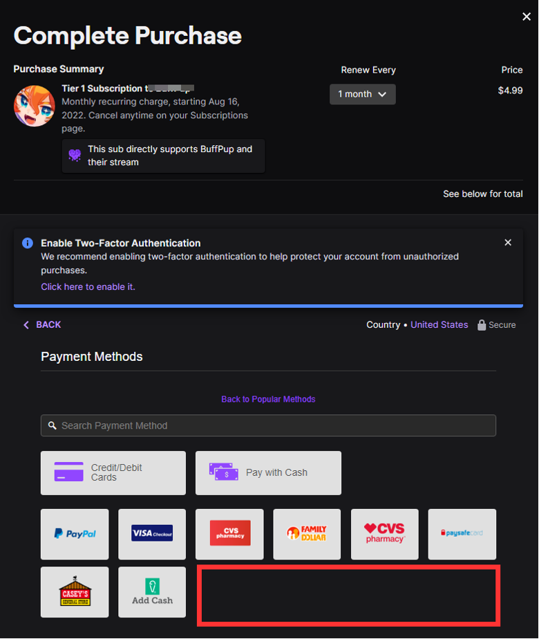 Screenshot of Twitch's accepted payment methods