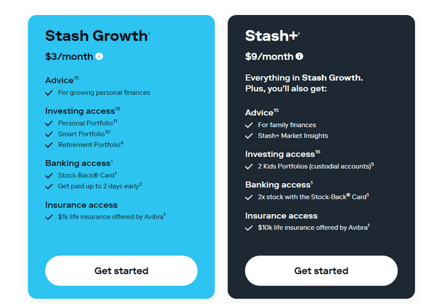 A screengrab of the two pricing plans for Stash: Growth and Stash+.