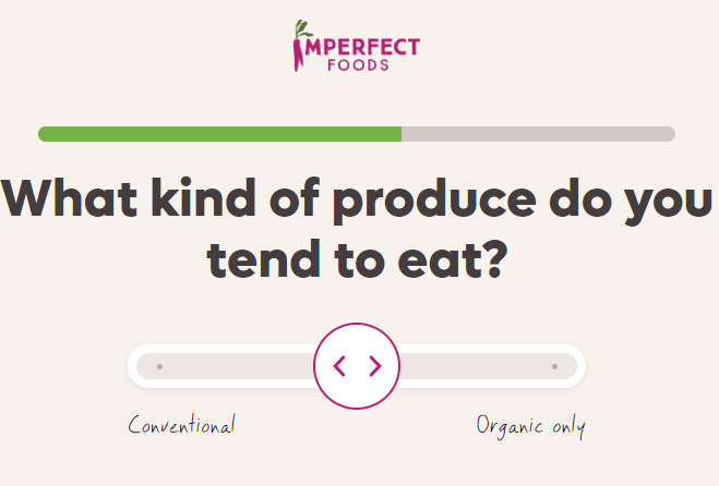 Imperfect Foods "what kind of produce do you eat?" question with conventional and organic