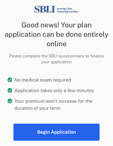 SBLI insurance application through Walnut that tells you that you can fill out the form online