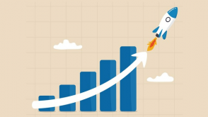 A cartoon graph showing the bars getting progressively higher and a rocket taking off from the last bar.