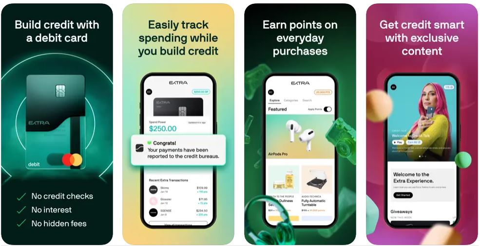 Screenshots from Extra mobile app showing signup process and features