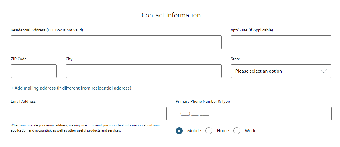 Contact information section of application