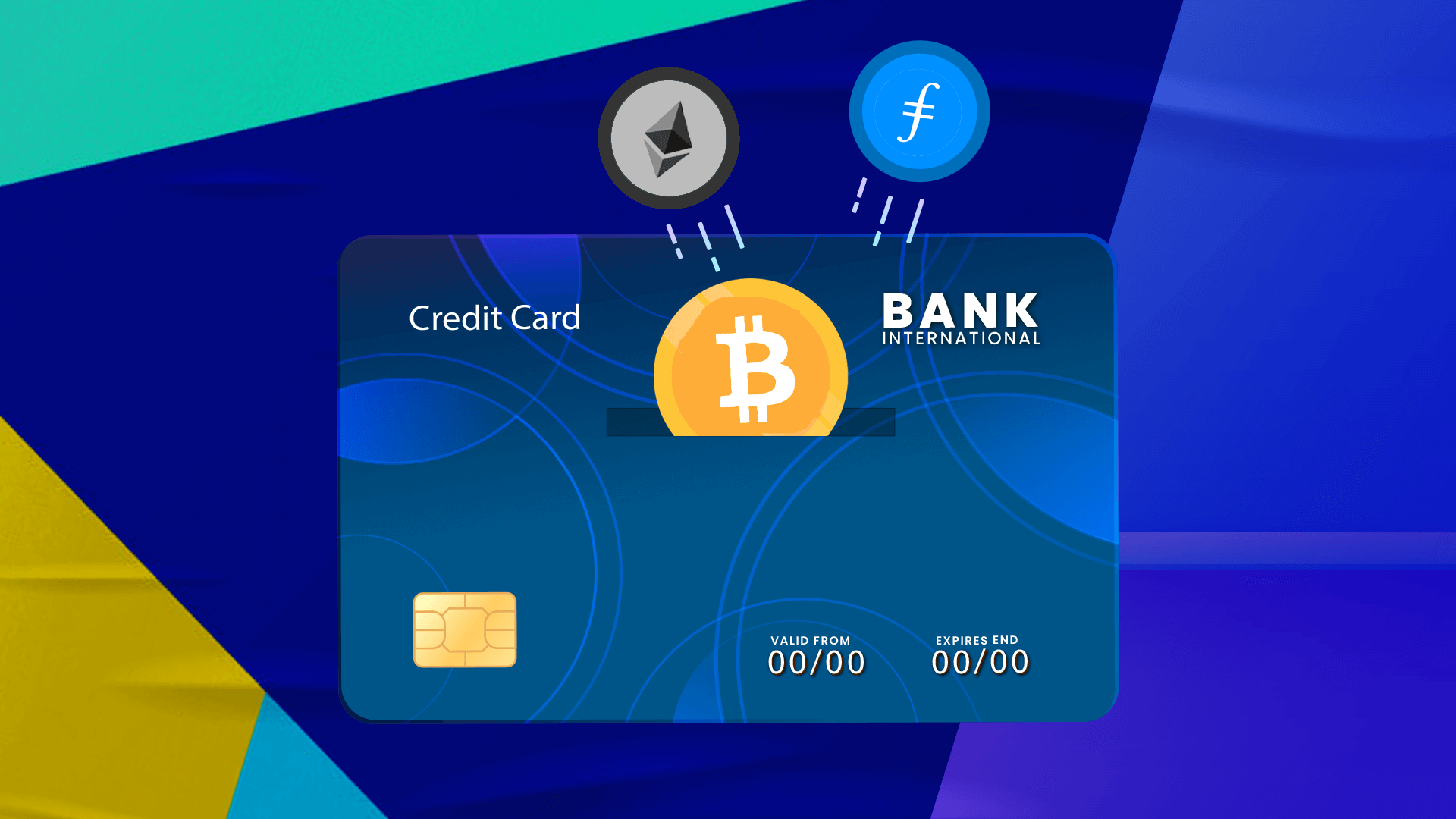 Illustration of credit card with crypto coins coming out