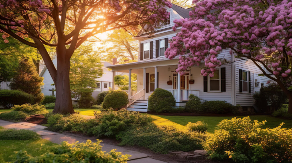 Exterior of a well-kept home surrounded by blooming trees. From "Are FHA loans a good idea?"
