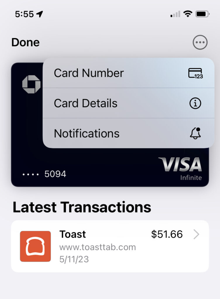 Screen shot of credit card details on an iPhone