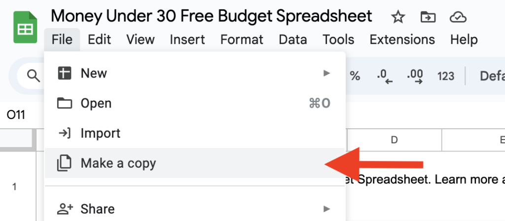 Screenshot showing where to make a copy of a Google Sheet.