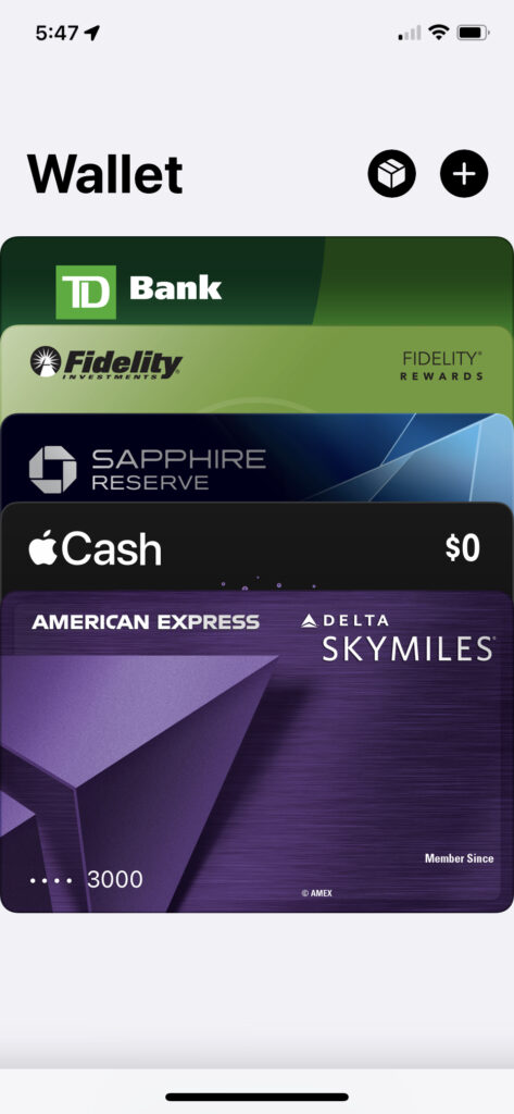 A screenshot of credit cards stored in the Wallet app on an iPhone